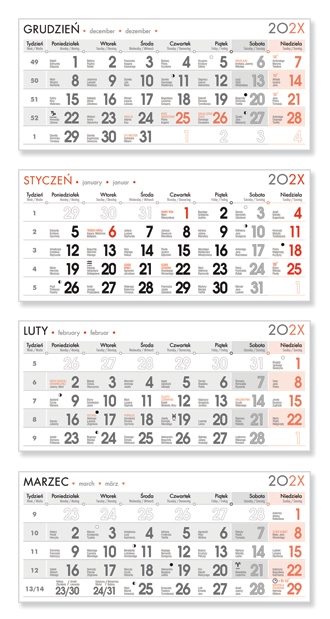kalendarz czterodzielny 2026 - nadruk na pleckach